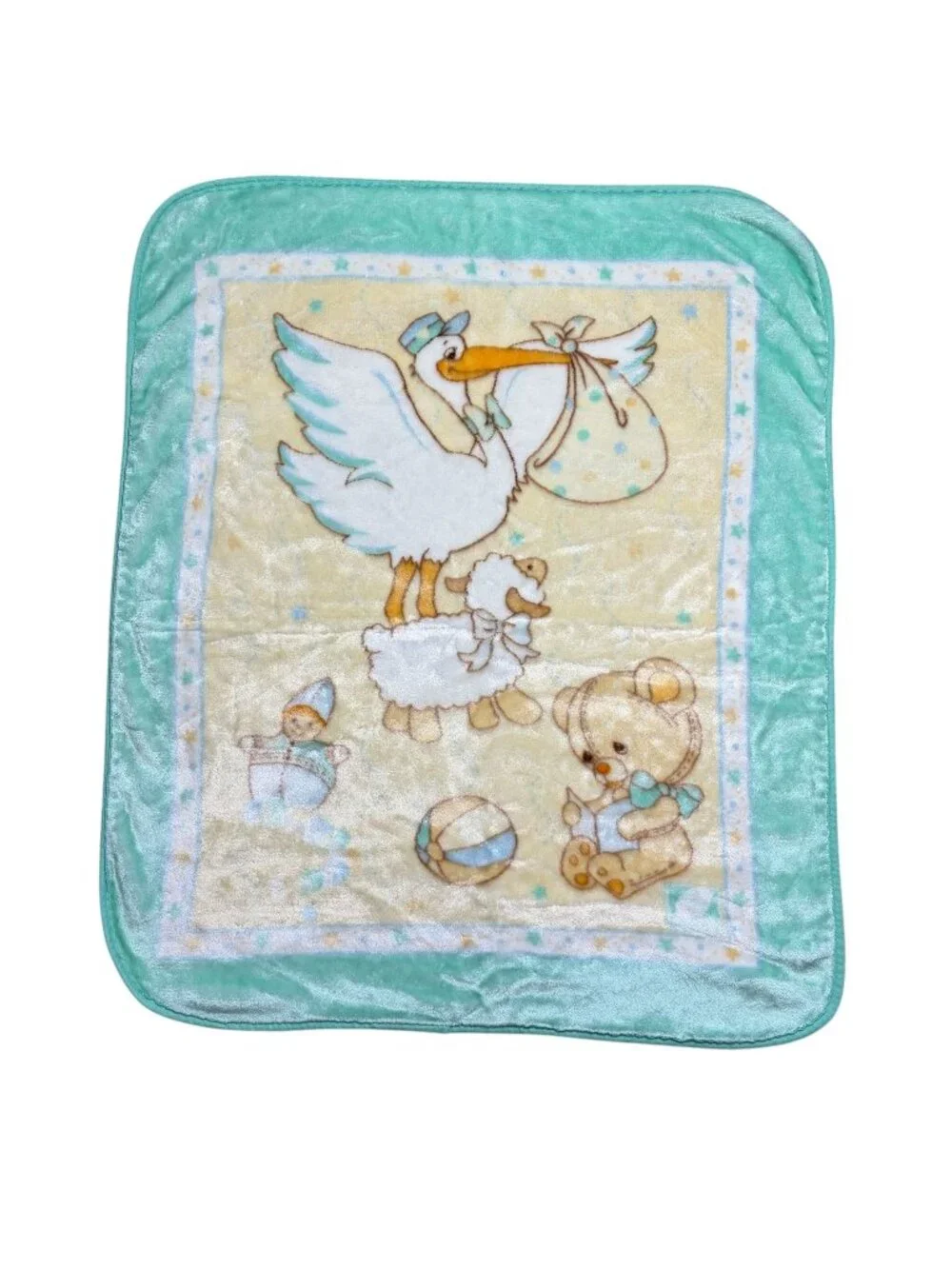 Rare Vintage Novatex Plush Baby Blanket Stork Teddy Bear Lamb Nursery Unisex